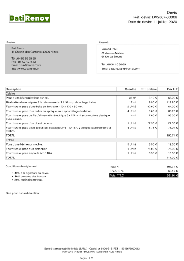 Exemple de devis d'électricien